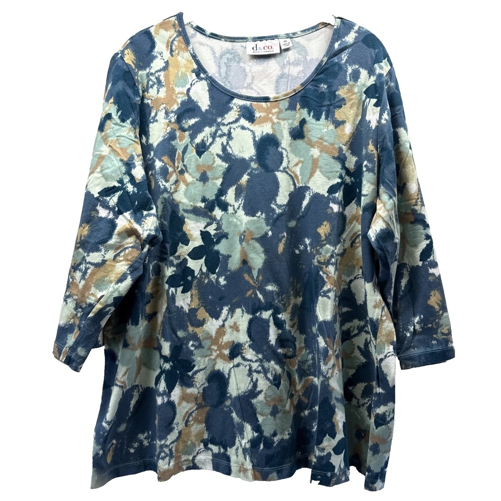 Denim & Co Women's Top Size 1X Blue Green Floral Art 3/4 Sleeves Pullover Cotton